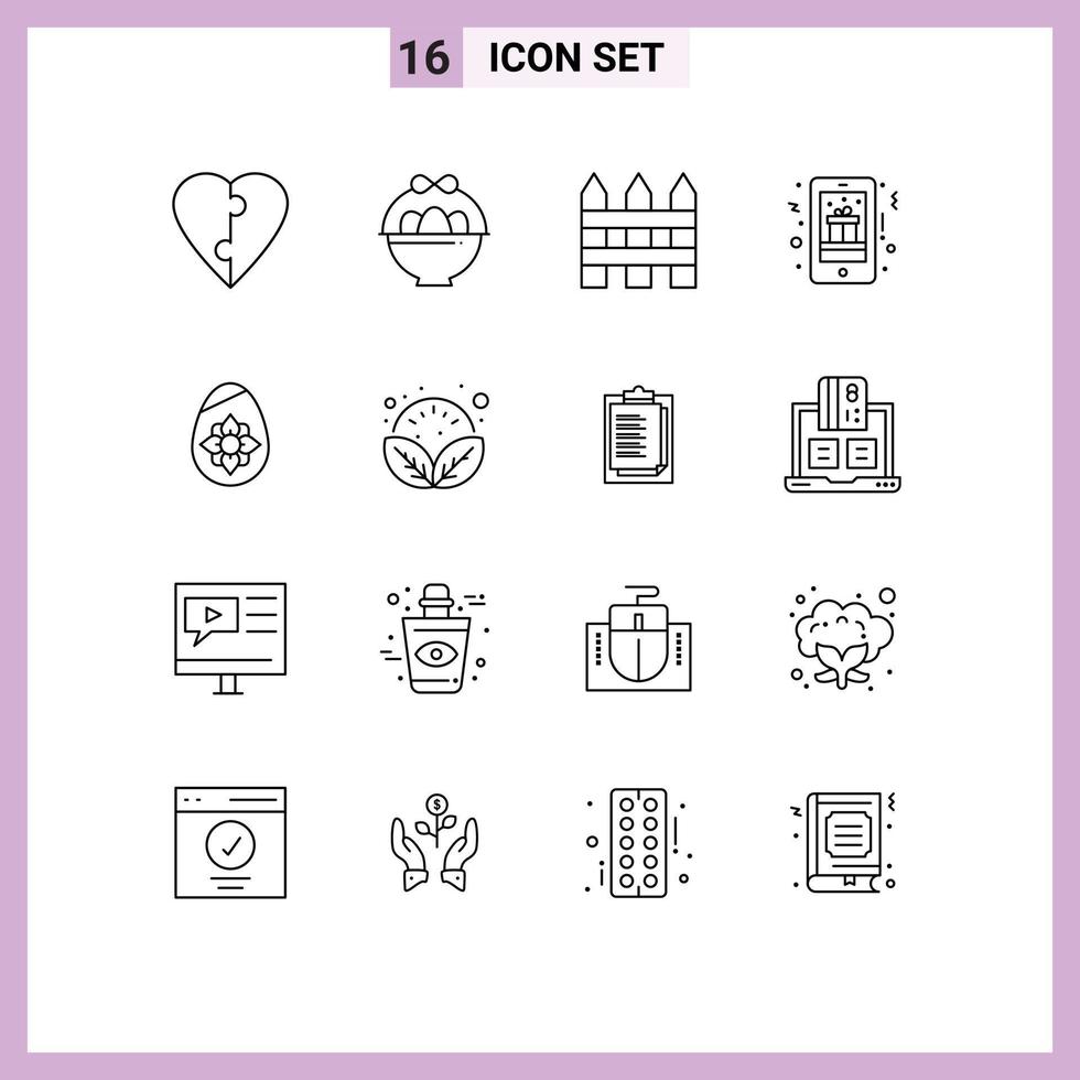 Pack of 16 Modern Outlines Signs and Symbols for Web Print Media such as easter egg decoration garden fence phone mobile Editable Vector Design Elements