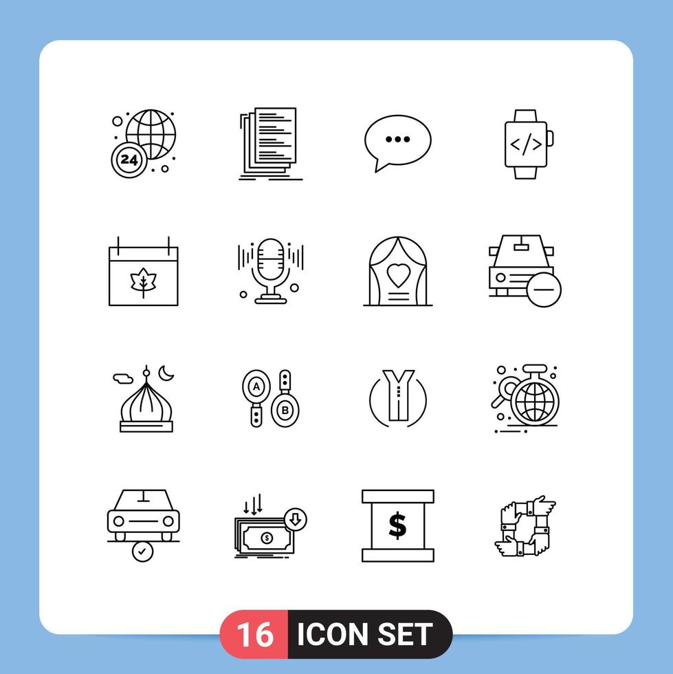 16 User Interface Outline Pack of modern Signs and Symbols of date autumn chat time clock watch Editable Vector Design Elements