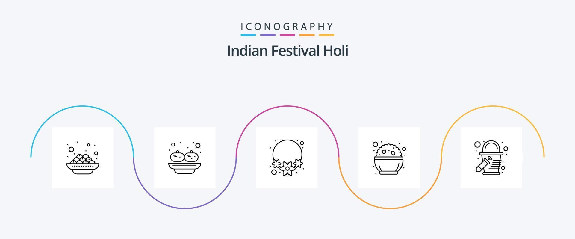 paquete de iconos holi line 5 que incluye cubo de pintura. balde. flor. phirni. India vector