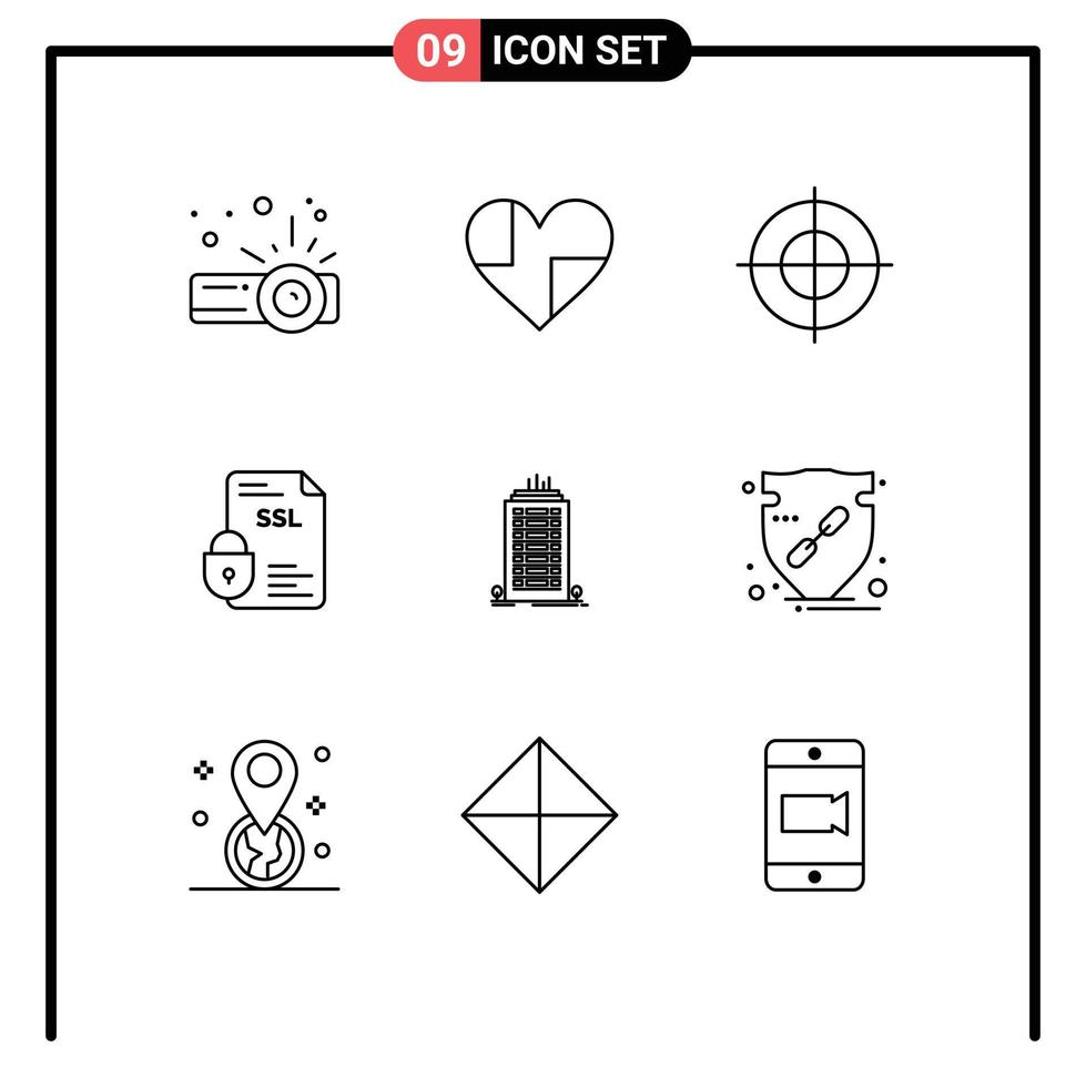 Pictogram Set of 9 Simple Outlines of office ssl goal security certificate Editable Vector Design Elements
