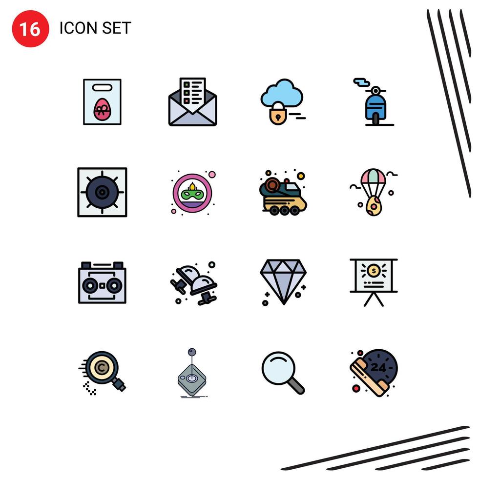 16 Universal Flat Color Filled Line Signs Symbols of coin preferences lock gears transport Editable Creative Vector Design Elements