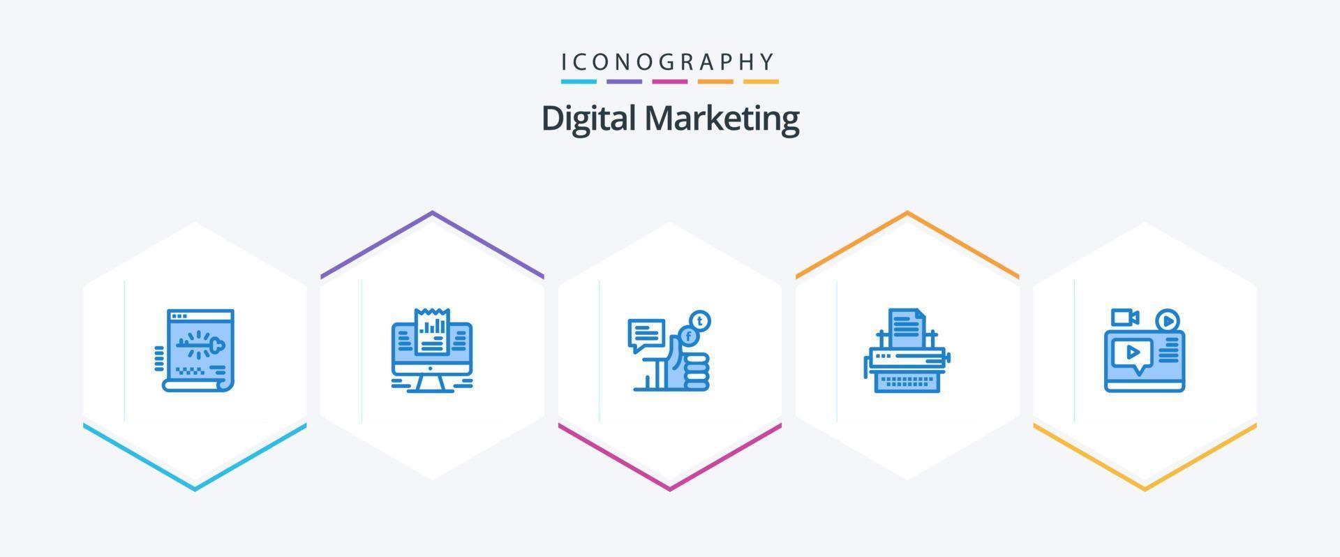 Digital Marketing 25 Blue icon pack including type. typewriter. computer. twitter. like vector