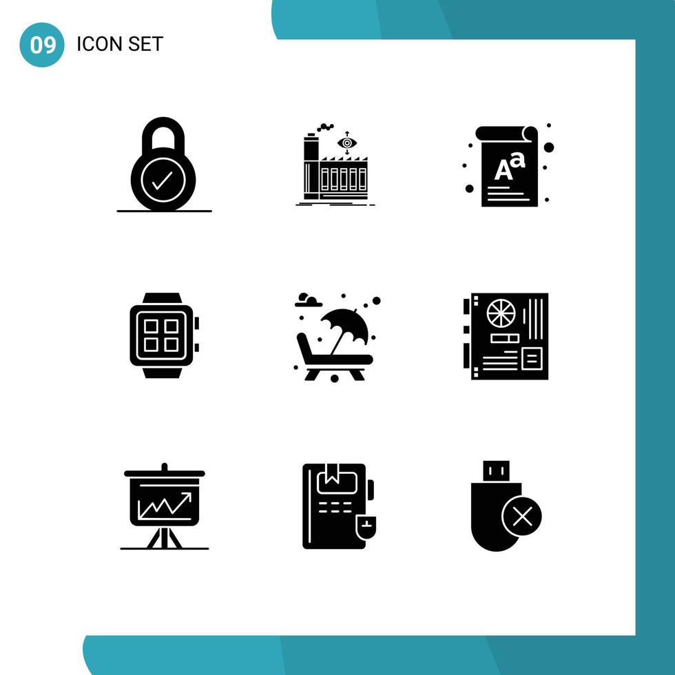 Mobile Interface Solid Glyph Set of 9 Pictograms of fountain watch document technology home Editable Vector Design Elements