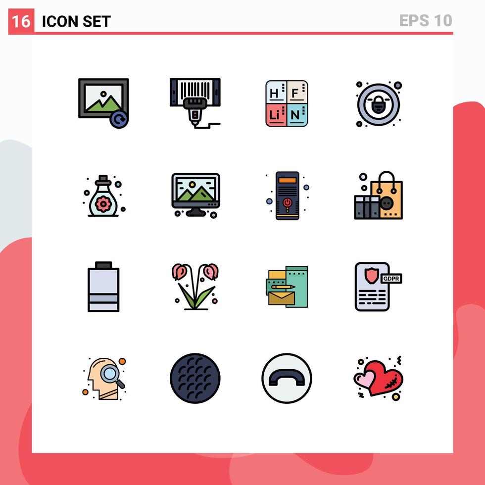 16 Universal Flat Color Filled Line Signs Symbols of soft skin care periodic security lock Editable Creative Vector Design Elements