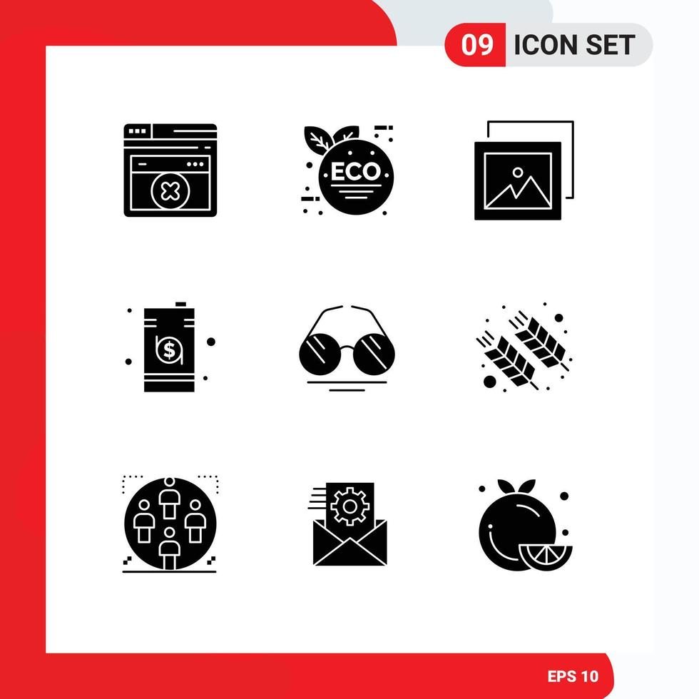paquete de 9 signos y símbolos modernos de glifos sólidos para medios de impresión web, como elementos de diseño de vectores editables de tambor de gafas fotográficas de ojo de resorte