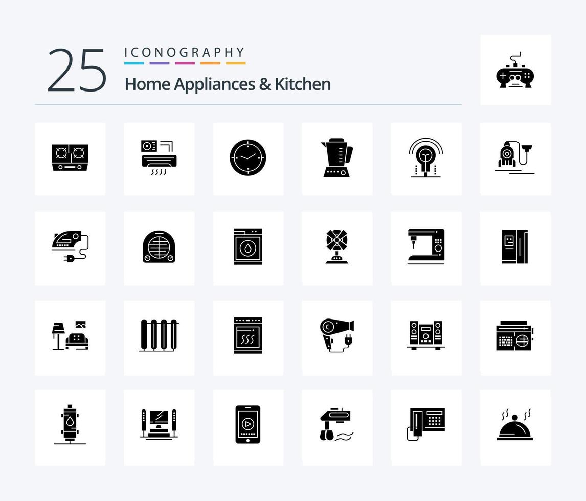 Home Appliances And Kitchen 25 Solid Glyph icon pack including kitchen. machine. ac . compass. time vector