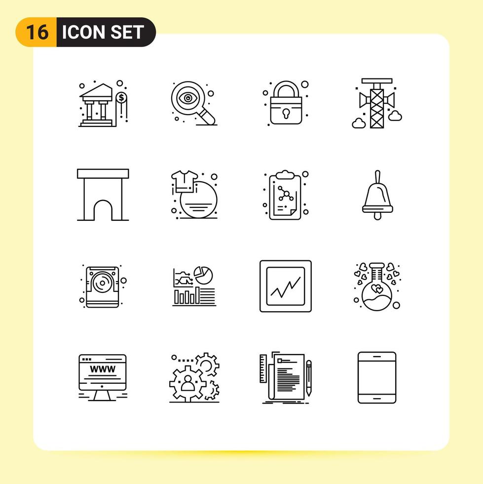 Group of 16 Modern Outlines Set for shop institute building lock building communication Editable Vector Design Elements