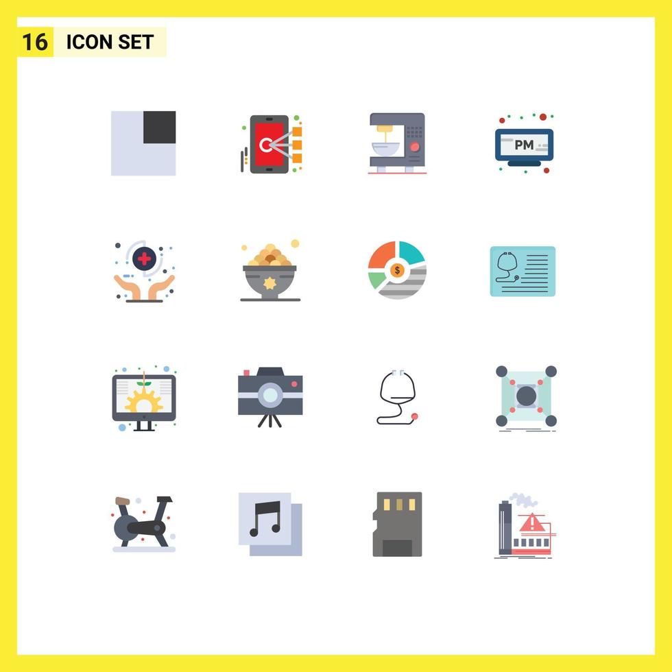 grupo de 16 signos y símbolos de colores planos para manos de atención médica tiempo eléctrico pm paquete editable de elementos creativos de diseño de vectores