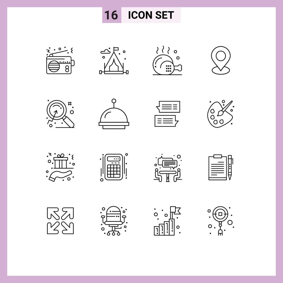 Pack of 16 Modern Outlines Signs and Symbols for Web Print Media such as magnify marker chicken map meal Editable Vector Design Elements