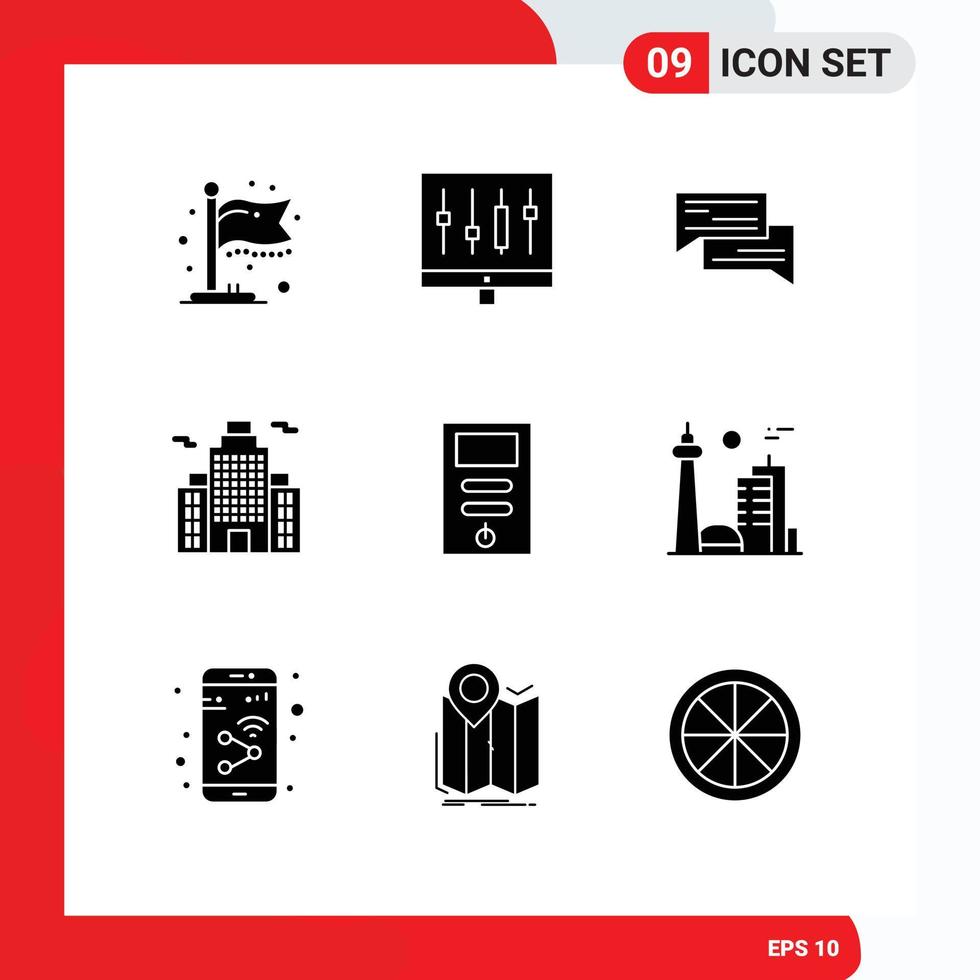 Pack of 9 Modern Solid Glyphs Signs and Symbols for Web Print Media such as office building chat speech conversation Editable Vector Design Elements