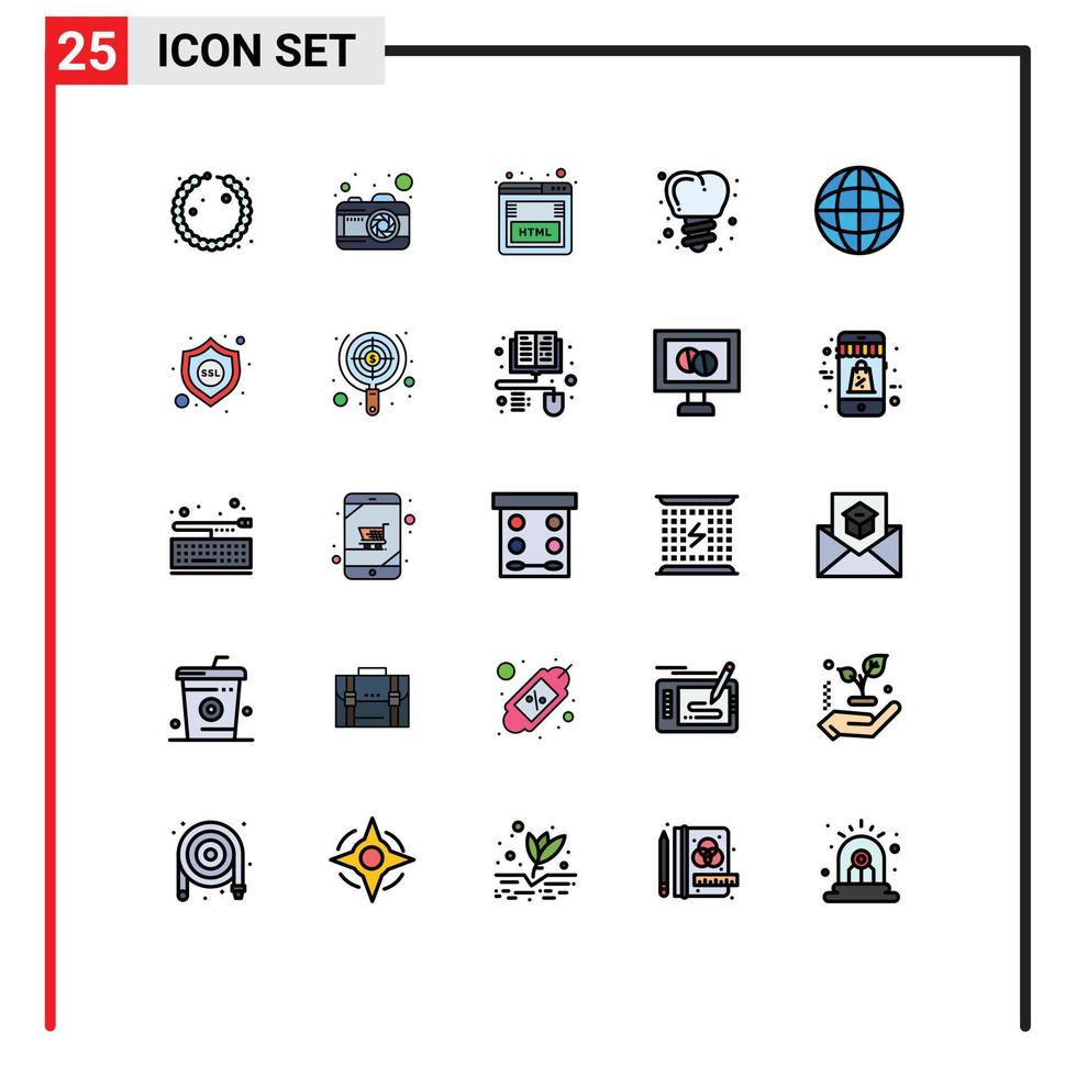 Set of 25 Vector Filled line Flat Colors on Grid for security globe seo geography tooth Editable Vector Design Elements