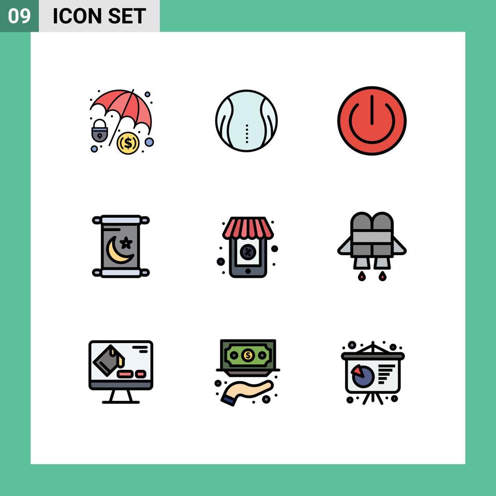 Pack of 9 Modern Filledline Flat Colors Signs and Symbols for Web Print Media such as supermarket online devices holy ramadan Editable Vector Design Elements