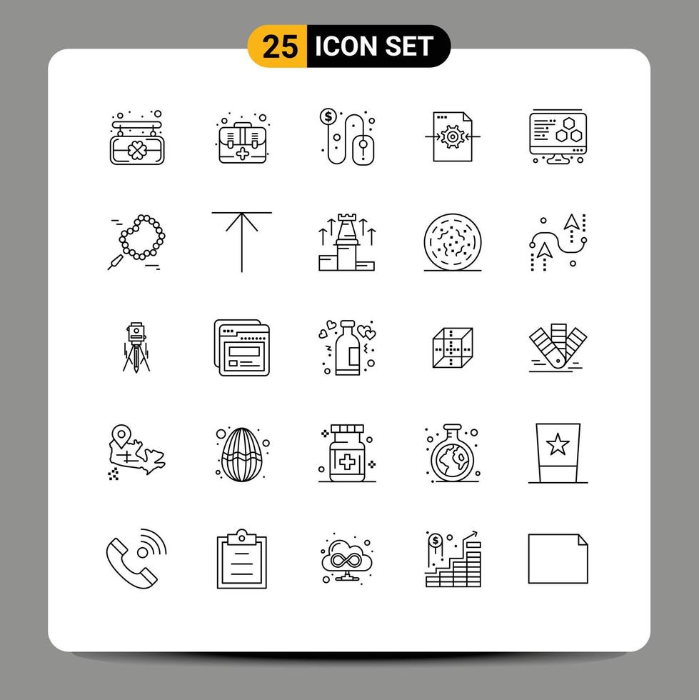 Mobile Interface Line Set of 25 Pictograms of bead printing dollar arrow gear Editable Vector Design Elements