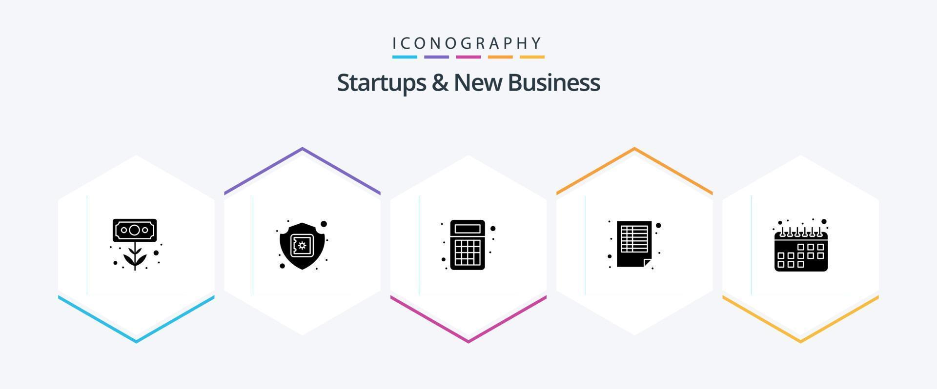 Startups And New Business 25 Glyph icon pack including sheets. documents. secure. budget. calculator vector