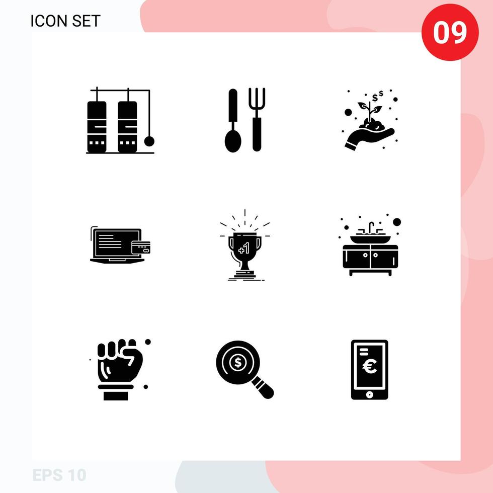 Mobile Interface Solid Glyph Set of 9 Pictograms of win award hand online payment computer Editable Vector Design Elements