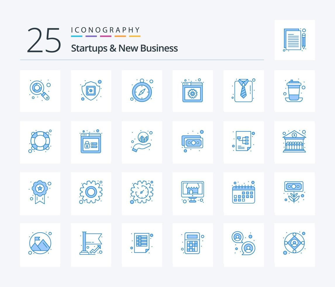 Startups y nuevos negocios 25 paquete de iconos de color azul que incluye trajes. corbata lisa. reloj. negocio. desarrollo web vector