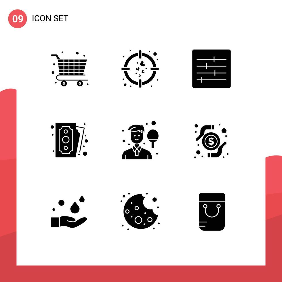 Mobile Interface Solid Glyph Set of 9 Pictograms of sport boy layout avatar payment Editable Vector Design Elements