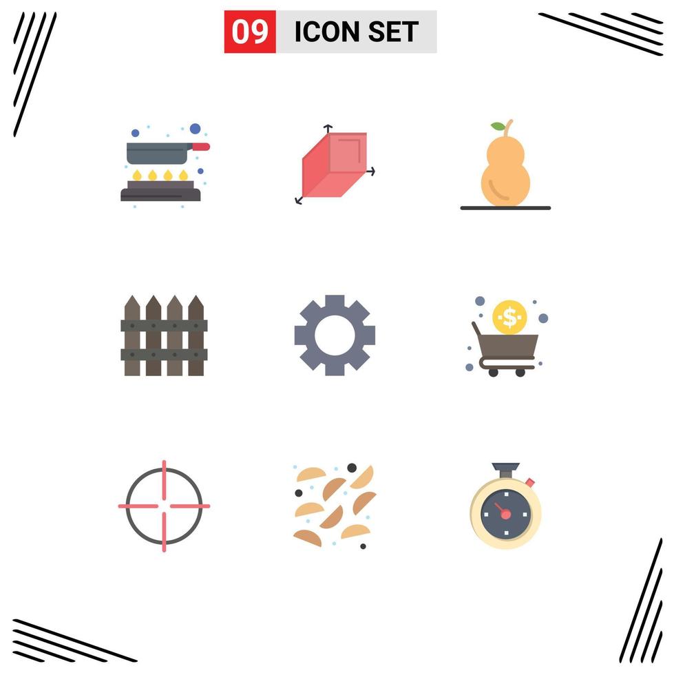 Pack of 9 Modern Flat Colors Signs and Symbols for Web Print Media such as business setting fruit gear fence Editable Vector Design Elements