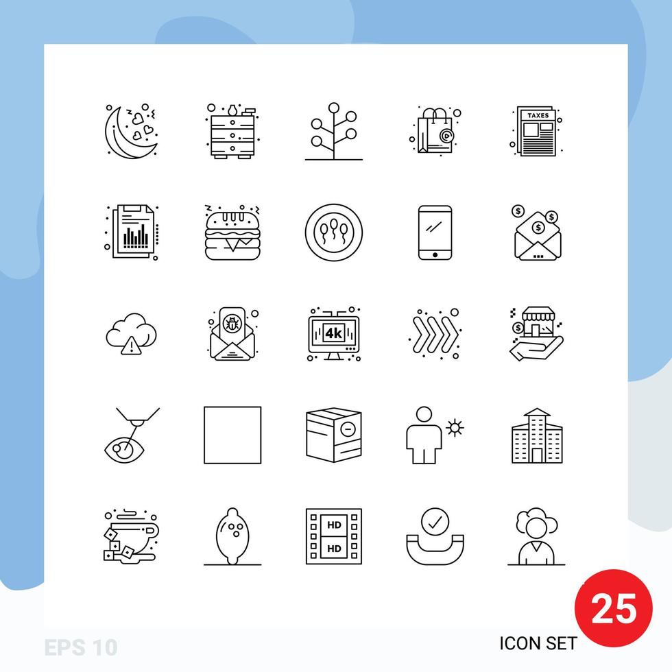 Pack of 25 creative Lines of taxes page nature document shop Editable Vector Design Elements