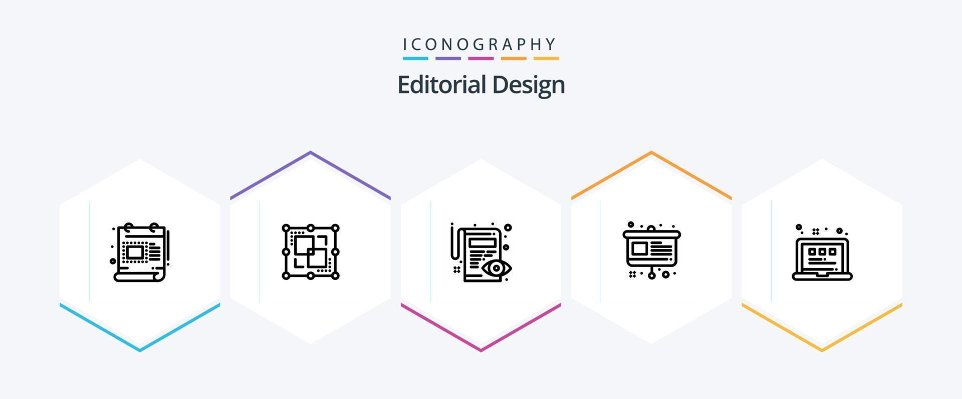 paquete de iconos de 25 líneas de diseño editorial que incluye diseño. presentación. documento. caballete. arte vector