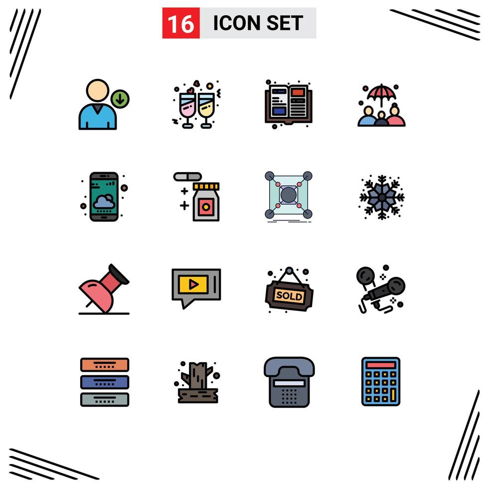Pictogram Set of 16 Simple Flat Color Filled Lines of tablet weather items smartphone life insurance Editable Creative Vector Design Elements