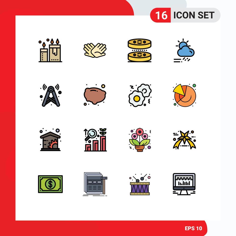 Group of 16 Flat Color Filled Lines Signs and Symbols for season day helping cloud laboratory Editable Creative Vector Design Elements