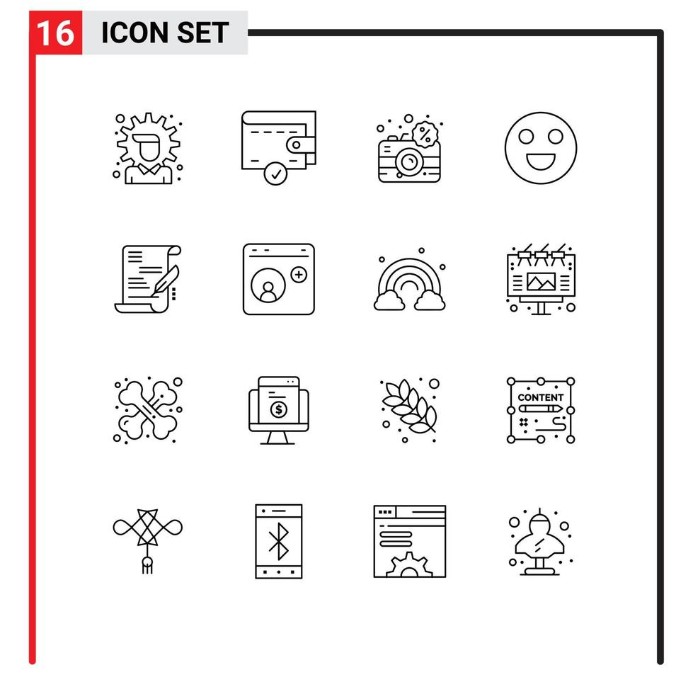 16 Universal Outline Signs Symbols of document agreement digital happy emojis Editable Vector Design Elements