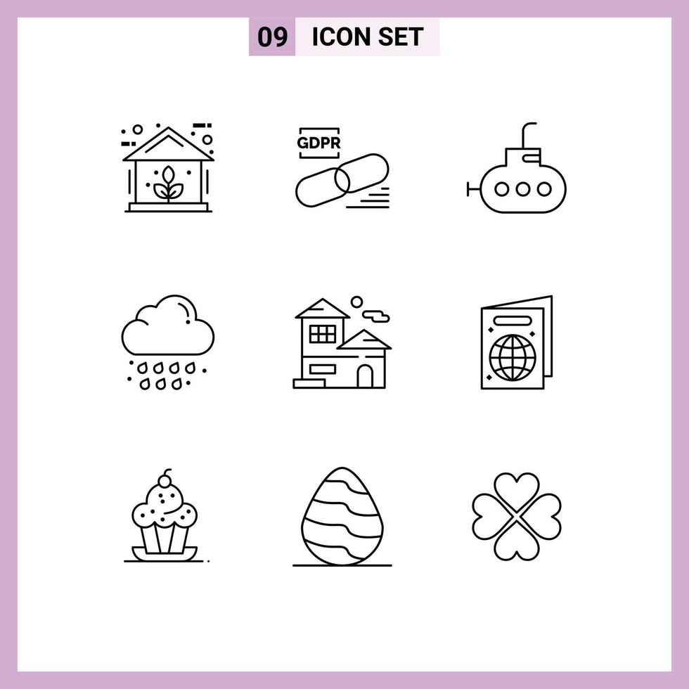 9 Thematic Vector Outlines and Editable Symbols of building home security weather drop Editable Vector Design Elements