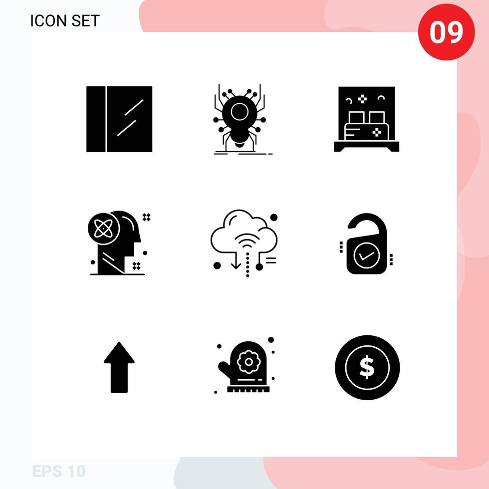 Group of 9 Solid Glyphs Signs and Symbols for iot idea hotel solution mind Editable Vector Design Elements