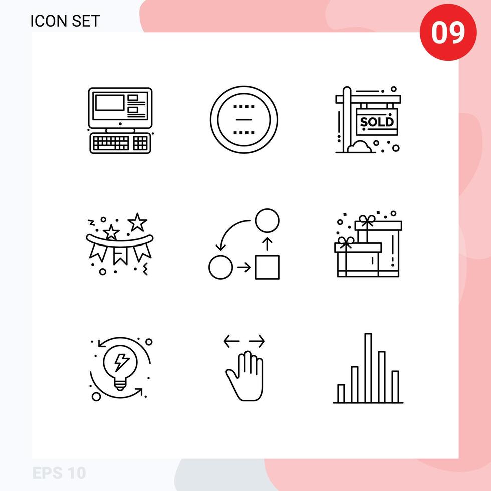 Mobile Interface Outline Set of 9 Pictograms of holiday celebration minus flag income Editable Vector Design Elements