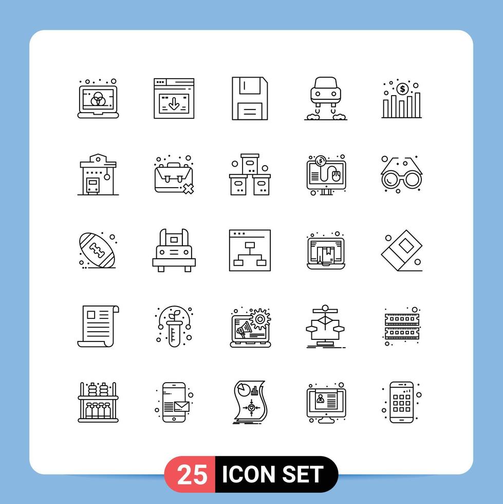 Universal Icon Symbols Group of 25 Modern Lines of chart flying download car floppy Editable Vector Design Elements