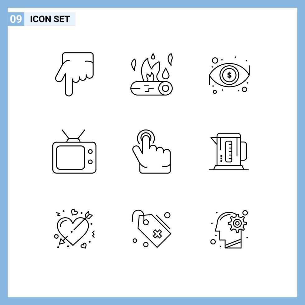 Group of 9 Modern Outlines Set for hand click dollar watch television Editable Vector Design Elements