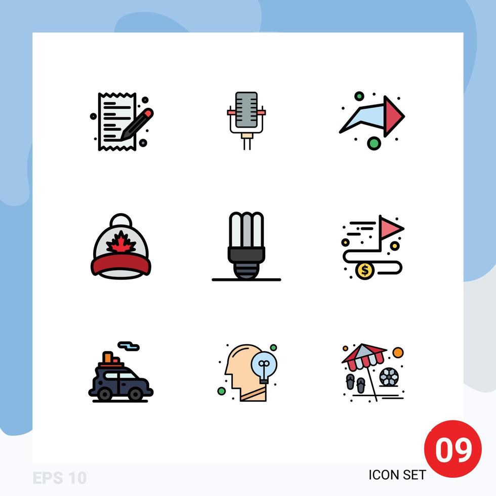 Mobile Interface Filledline Flat Color Set of 9 Pictograms of light energy saving arrow canada cap Editable Vector Design Elements