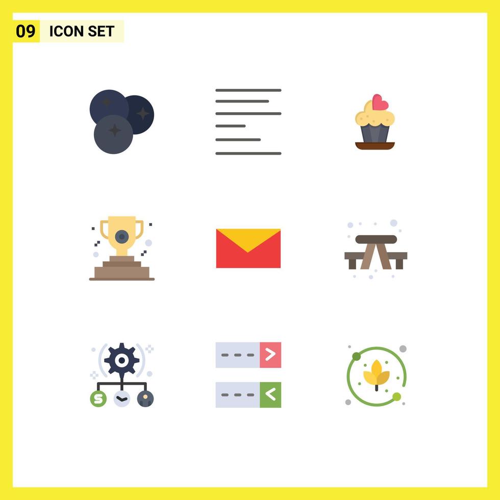 Universal Icon Symbols Group of 9 Modern Flat Colors of bench email cupcake mail cup Editable Vector Design Elements