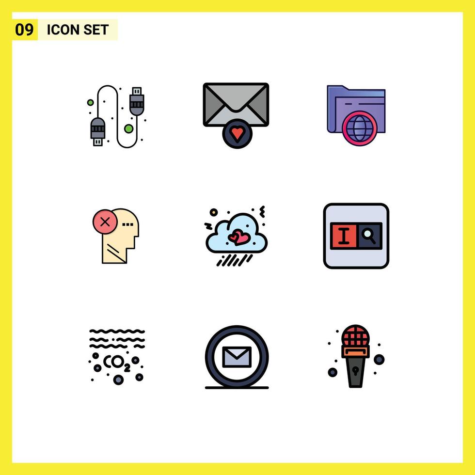 9 Thematic Vector Filledline Flat Colors and Editable Symbols of cloud mind fie mark head Editable Vector Design Elements