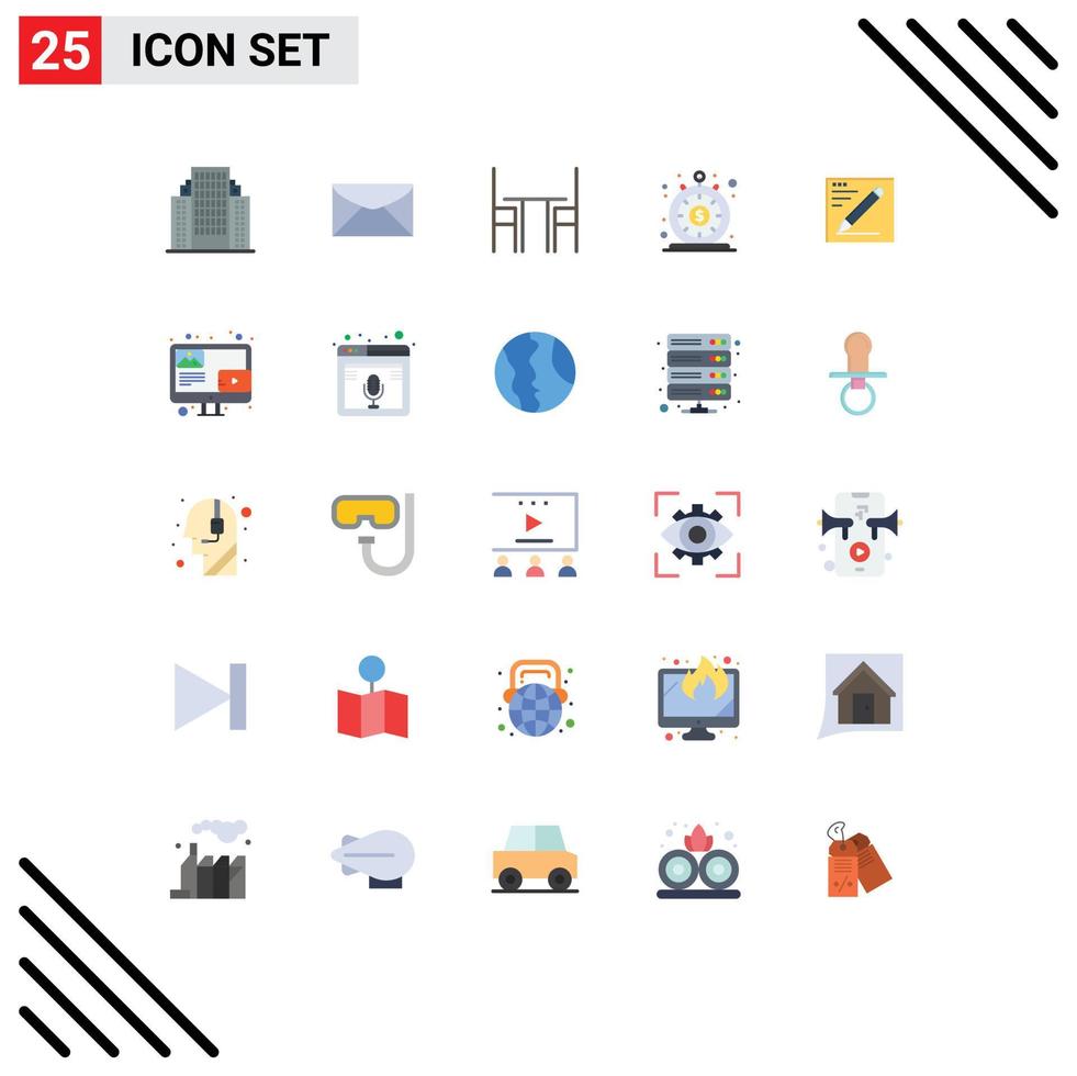 paquete de 25 signos y símbolos modernos de colores planos para medios de impresión web, como elementos de diseño de vectores editables de mesa instantánea de silla de préstamo rápido