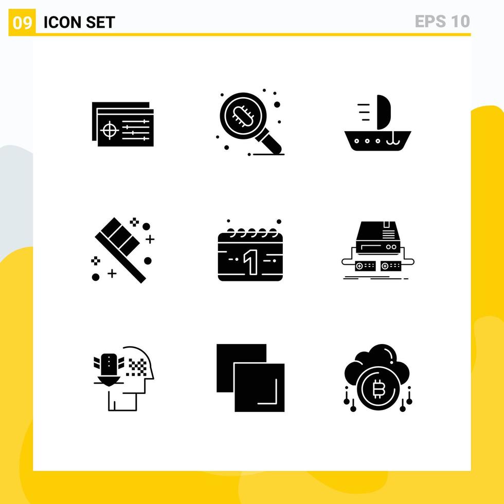 Pack of 9 Modern Solid Glyphs Signs and Symbols for Web Print Media such as new year calendar sail room toothbrush Editable Vector Design Elements