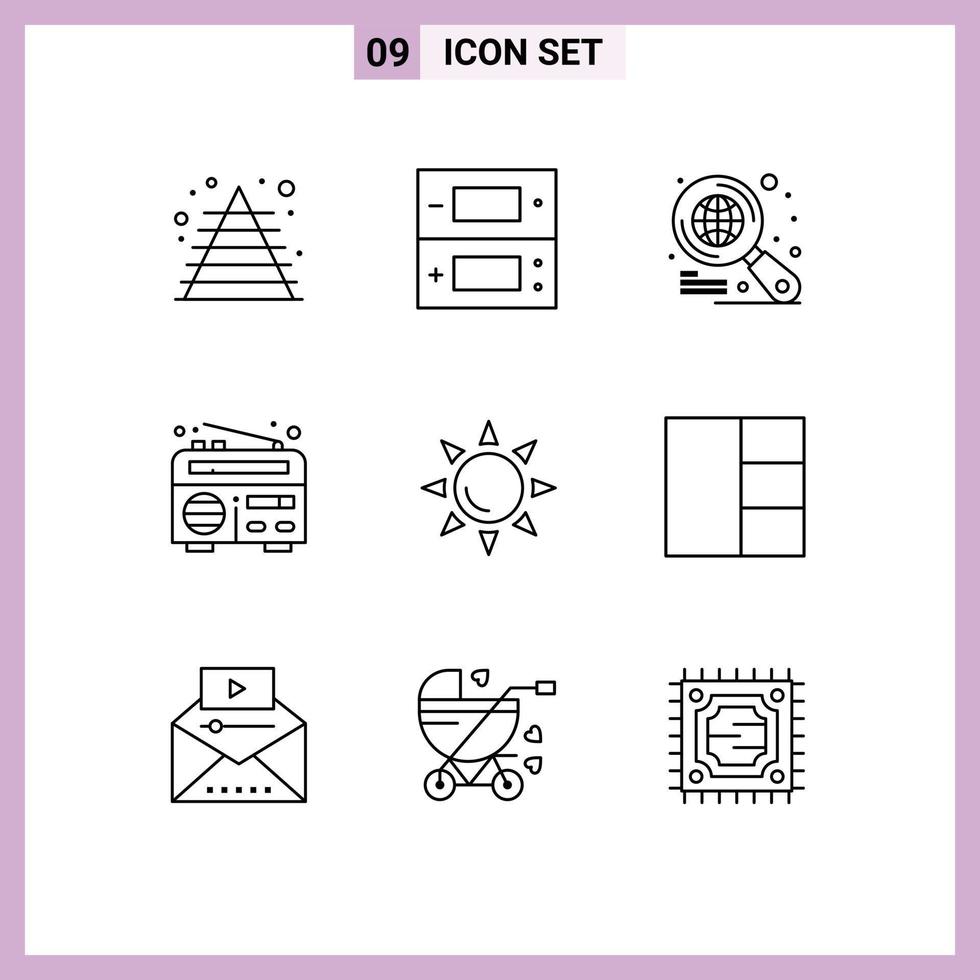 Pictogram Set of 9 Simple Outlines of grid beach globe sun news Editable Vector Design Elements