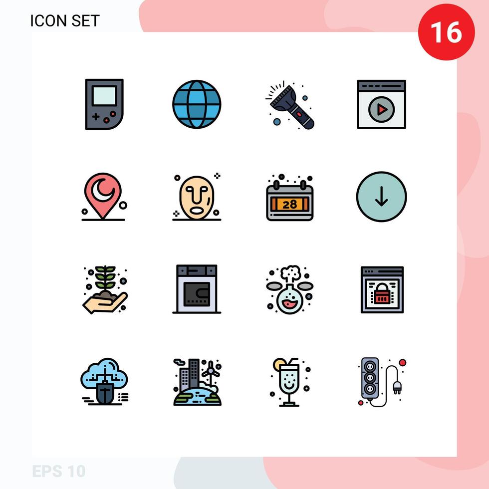16 Flat Color Filled Line concept for Websites Mobile and Apps religious minaret light watch video touch play Editable Creative Vector Design Elements