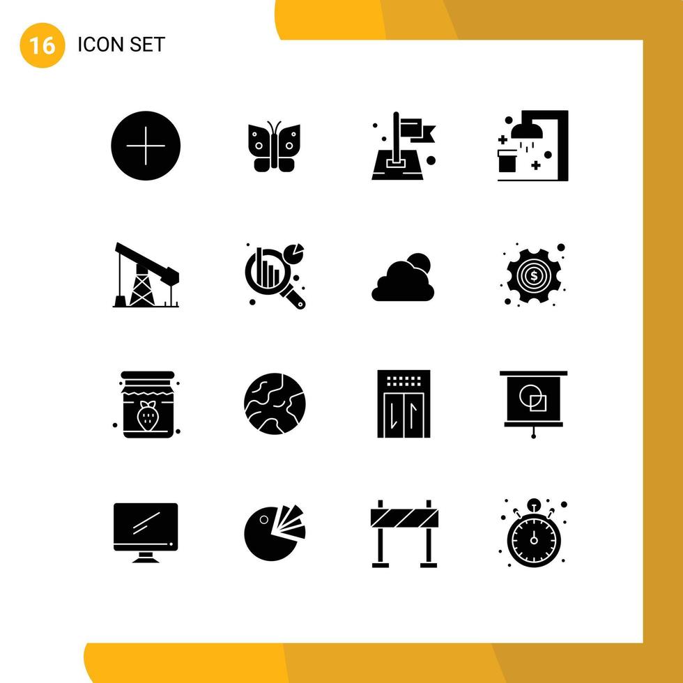 símbolos de iconos universales grupo de 16 glifos sólidos modernos de construcción bandera de ducha mapa limpio elementos de diseño vectorial editables vector