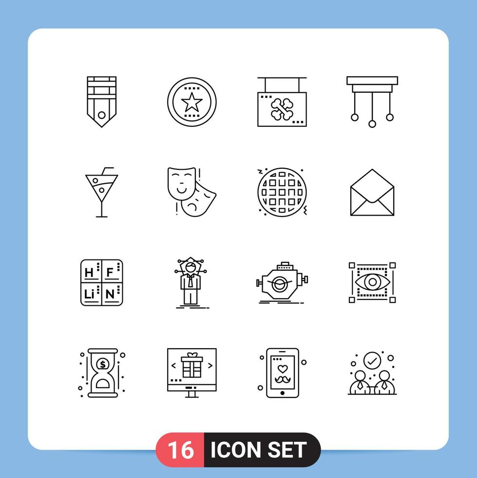 Modern Set of 16 Outlines Pictograph of home chandelier medal sign hanging Editable Vector Design Elements