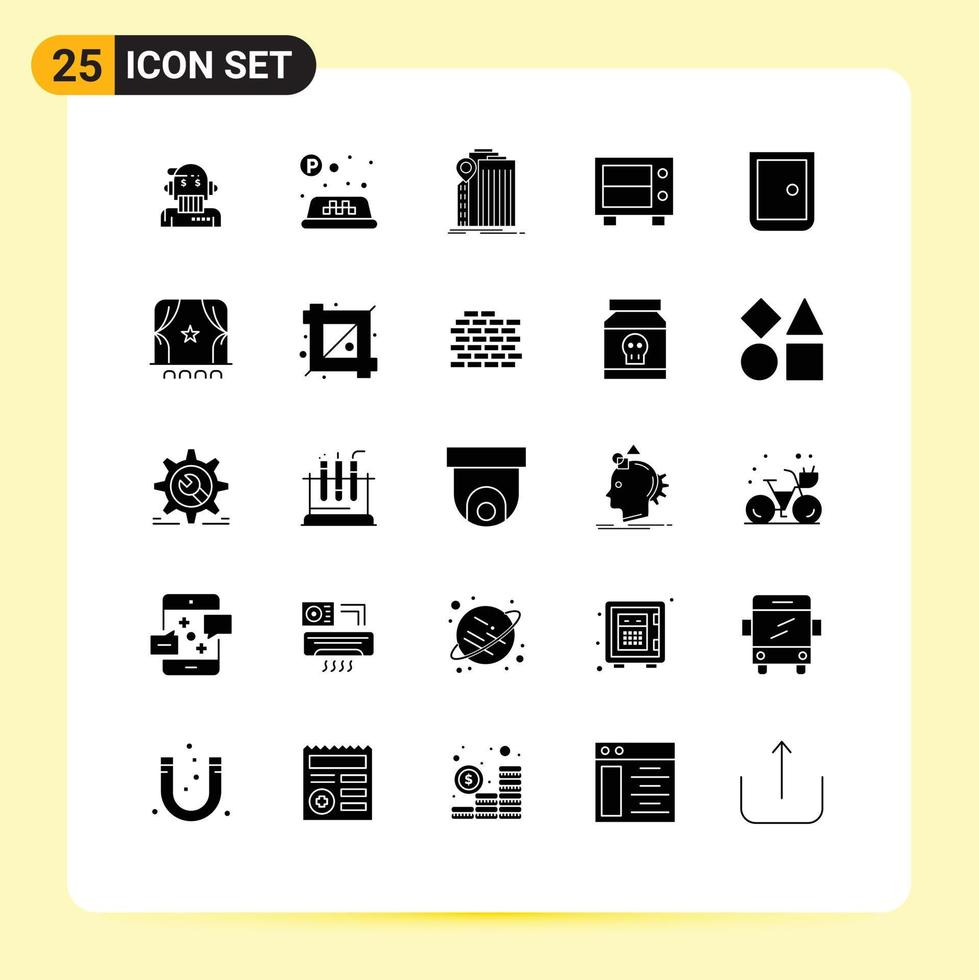Mobile Interface Solid Glyph Set of 25 Pictograms of door safe bank money government Editable Vector Design Elements