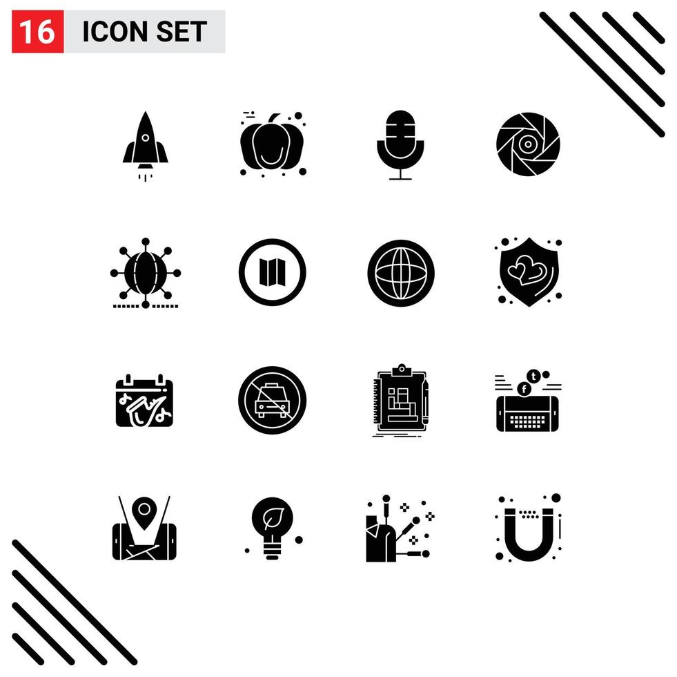 Pack of 16 Modern Solid Glyphs Signs and Symbols for Web Print Media such as shutter entertainment day cinema products Editable Vector Design Elements