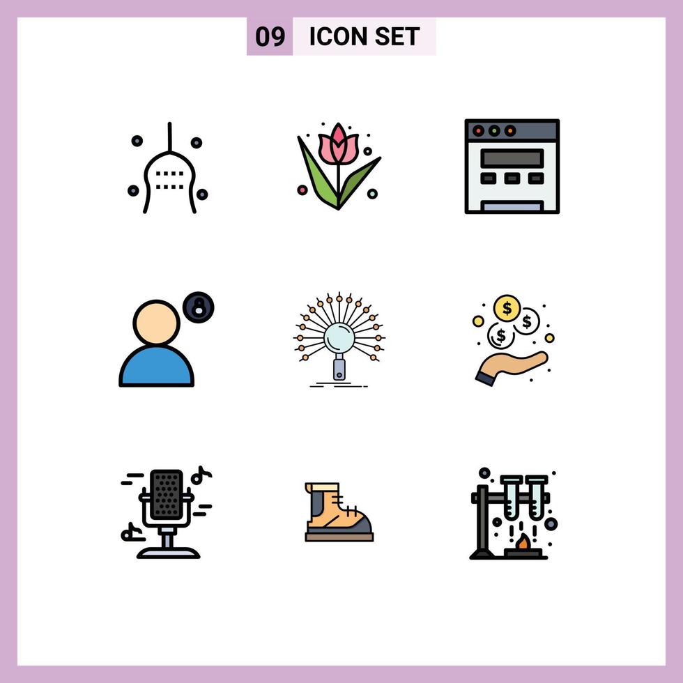 Mobile Interface Filledline Flat Color Set of 9 Pictograms of information profile plant privacy padlock Editable Vector Design Elements