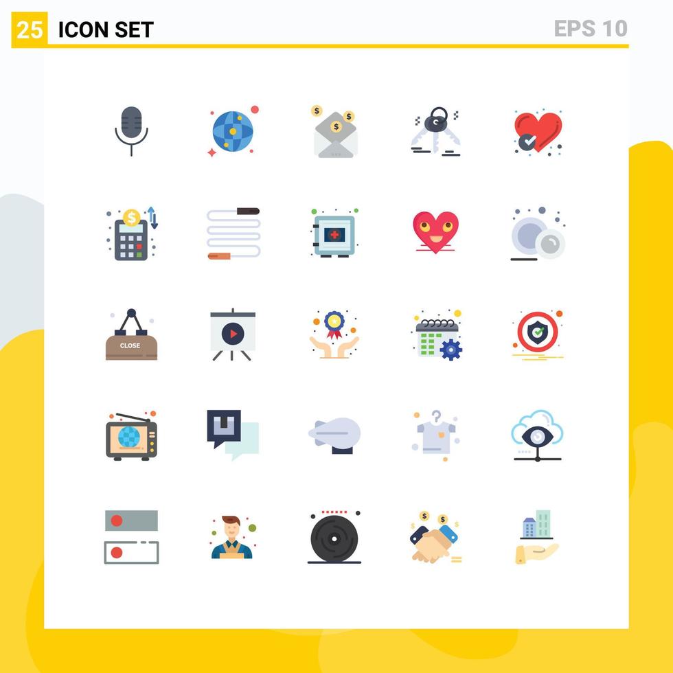 Group of 25 Modern Flat Colors Set for heart checked investment report key Editable Vector Design Elements