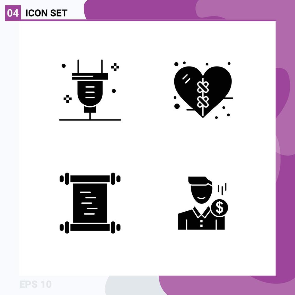 Universal Icon Symbols Group of 4 Modern Solid Glyphs of plug log electricity health cost Editable Vector Design Elements