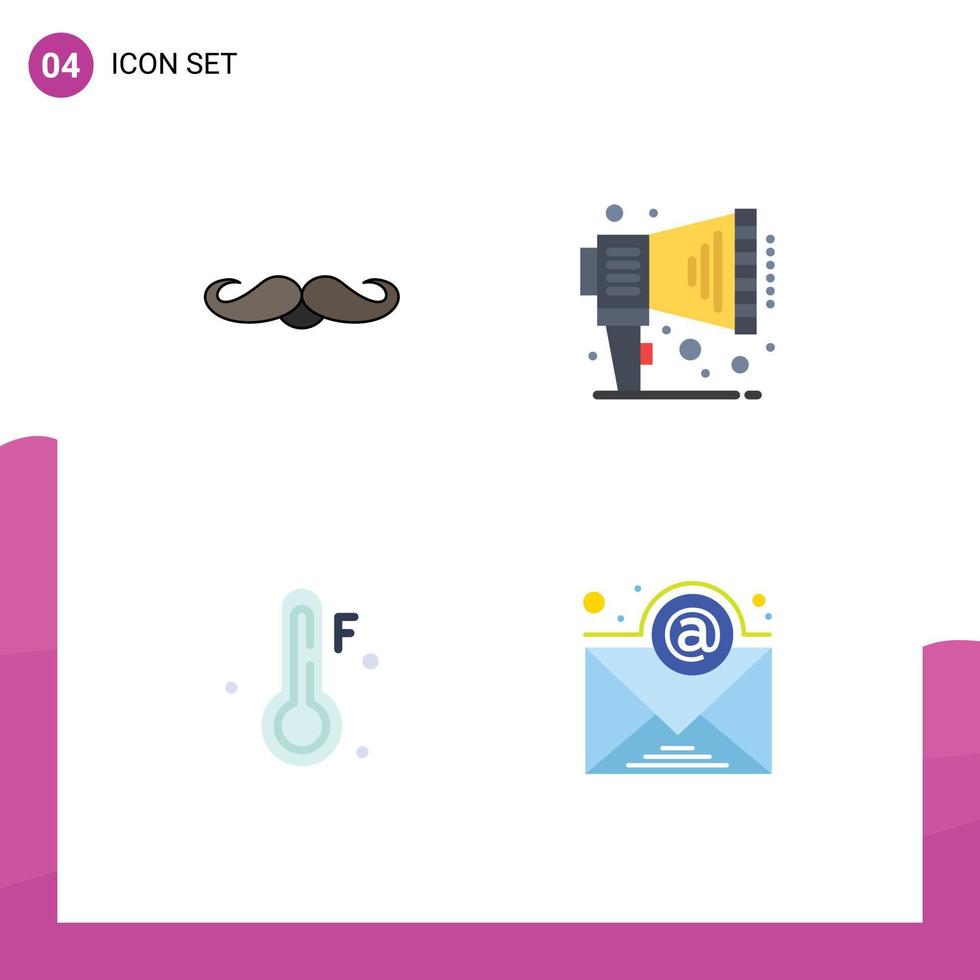 conjunto de 4 iconos planos vectoriales en cuadrícula para elementos de diseño vectorial editables de correo electrónico de megáfono masculino de temperatura de bigote vector