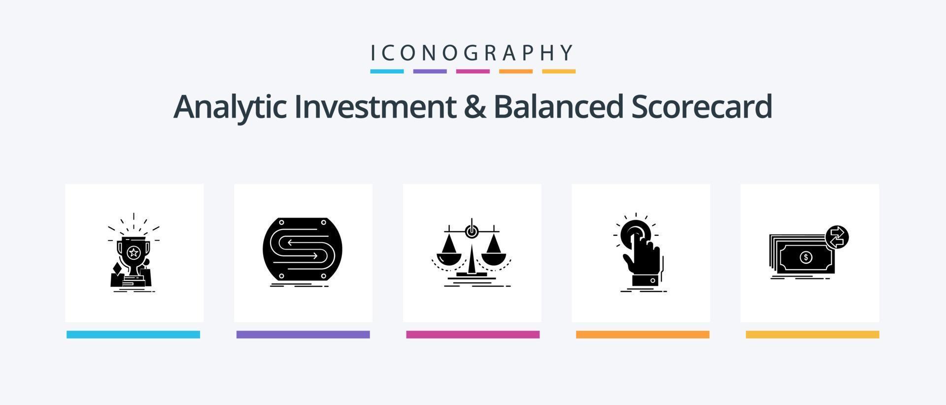 inversión analítica y paquete de iconos de glifo 5 de cuadro de mando integral, incluida la mano. tocar. fósforo. escala. justicia. diseño de iconos creativos vector