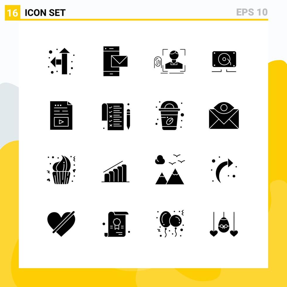 Set of 16 Commercial Solid Glyphs pack for entertainment speaker finger audio scanning Editable Vector Design Elements