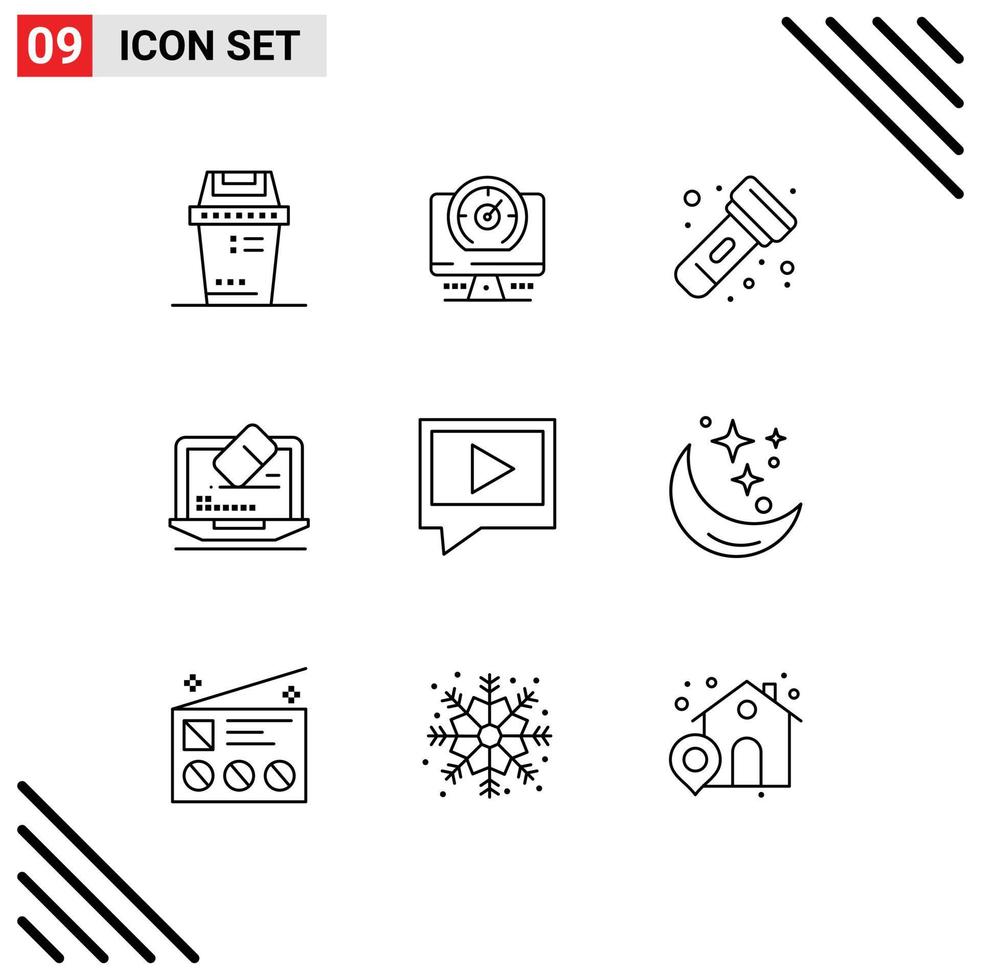 Set of 9 Vector Outlines on Grid for chat screen camping tool laptop Editable Vector Design Elements
